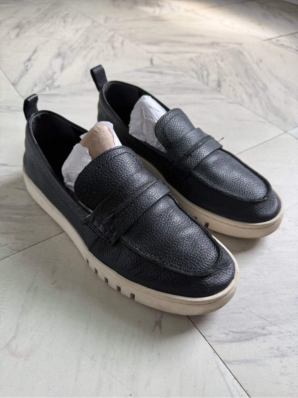 Vionic Black Leather Penny Loafers with Cream White Sole